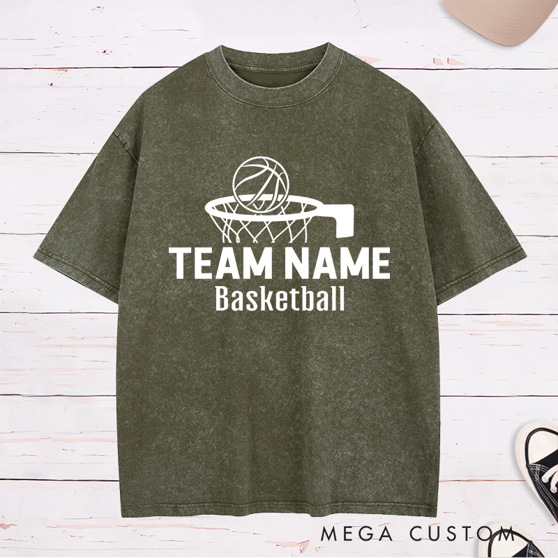 Personalized Washed T-Shirt Design Featuring a Basketball Hoop Graphic with Customizable Team Name and Basketball Text