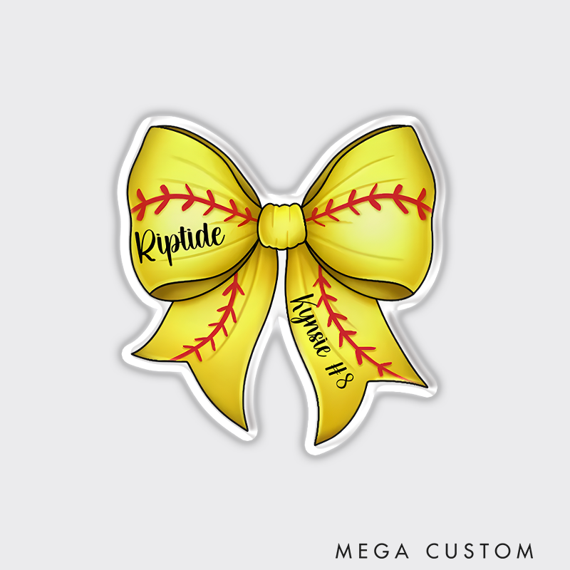 Personalized Softball Refrigerator Magnet with Custom Name Number Team Name and Yellow Bow Stitching Design