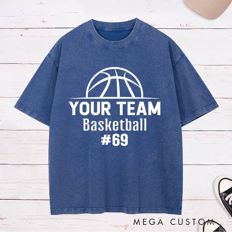 Personalized Washed T-Shirt Design Featuring a Bold Basketball Graphic with Customizable Team Name and Player Number