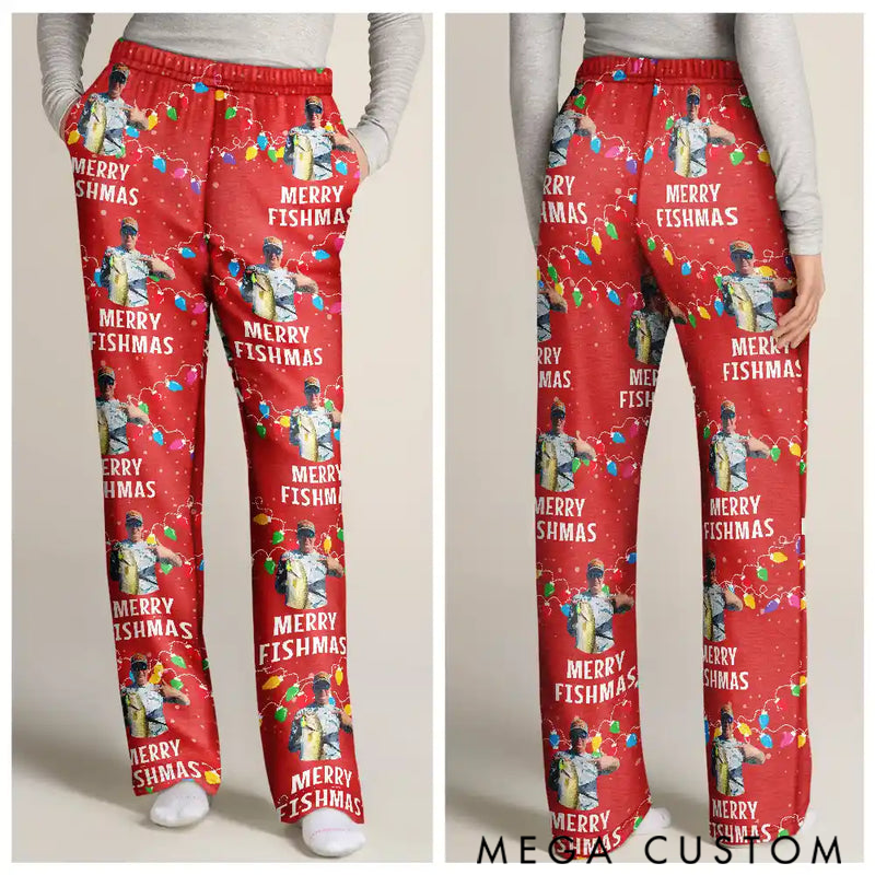 Personalized Merry Fishmas Pajama Pants Fishing Themed Christmas Pajama Pants Custom Photo Merry Fishmas Funny Holiday Gift for Fishermen