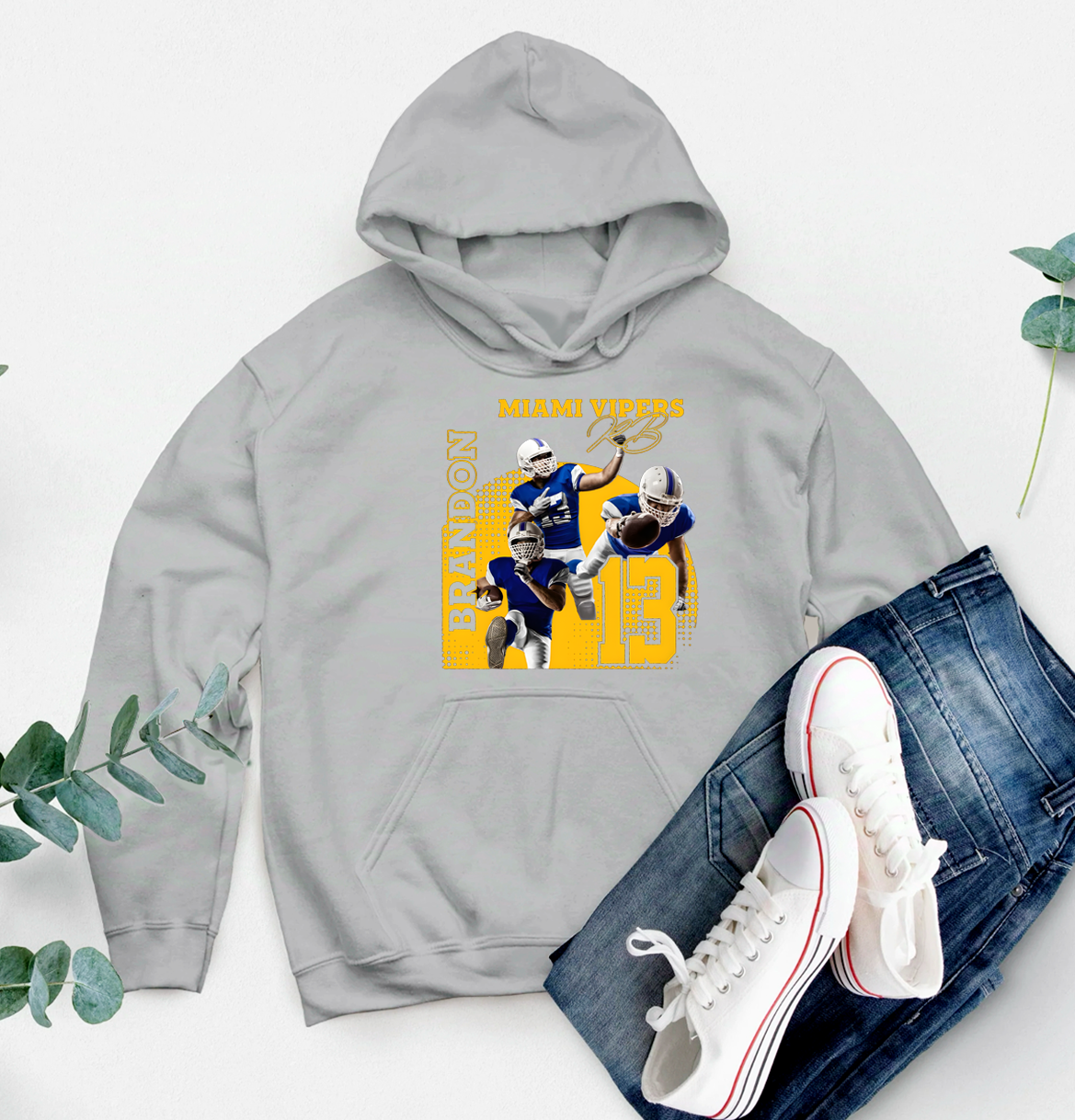 Personalized American Football Hoodie with Custom Photo, Name, Team Name, and Number Design