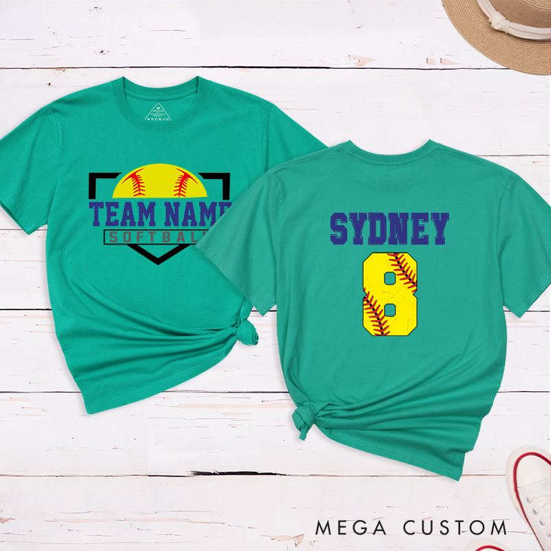 Personalized Softball T-Shirt Design Featuring Custom Team Name on the Front and Player Name with Jersey Number on the Back