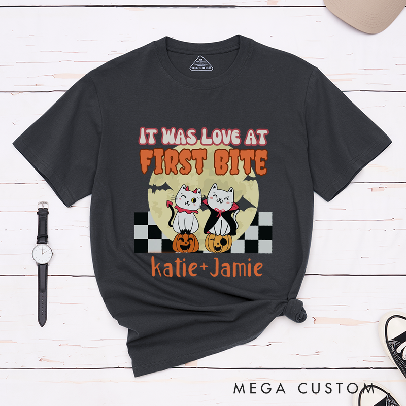 Personalized It was Love at First Bite and Fangs for the Memories Cat Design Couple Matching Halloween T-Shirt