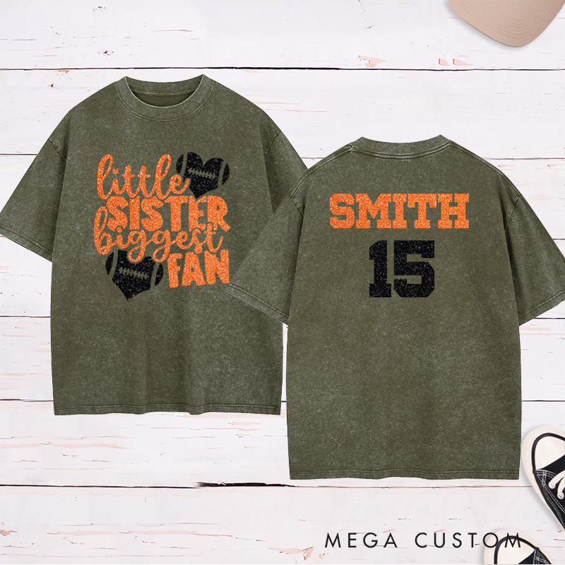 Personalized American Football and Rugby Washed T-Shirts for "Little Sister Biggest Fans" with Custom Name and Number on the Jersey