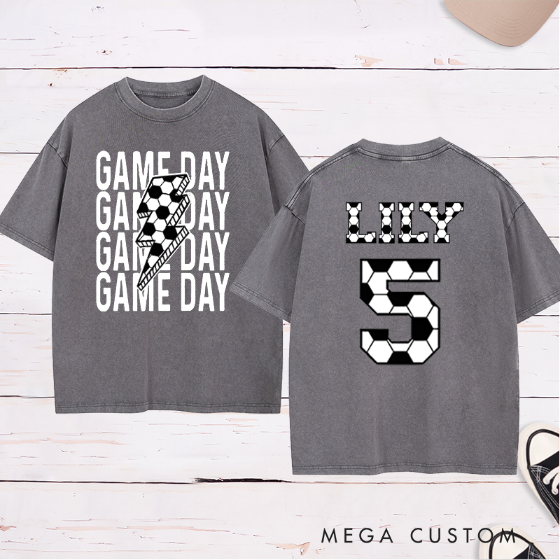 Personalized Game Day Soccer Washed T-Shirt with Custom Name and Number