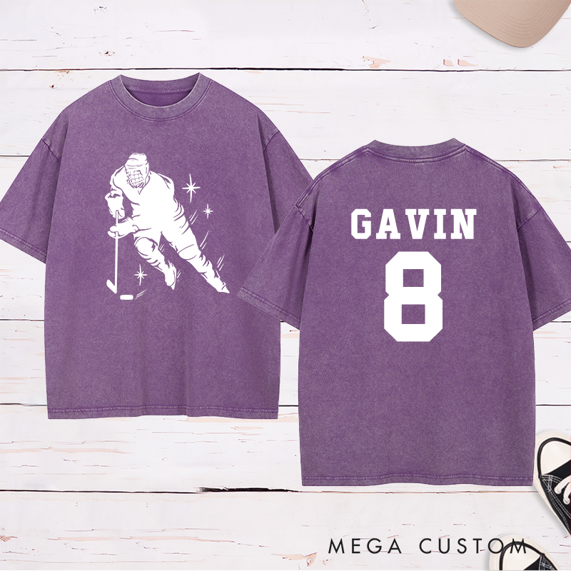 Personalized Hockey Player Silhouette Washed T-Shirt with Custom Name and Number