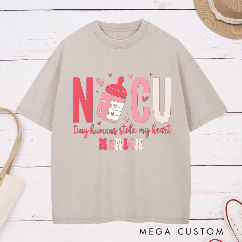 Personalized Nurse Washed T-Shirt Customized NICU Tiny Humans Stole My Heart Design Washed T-Shirt 