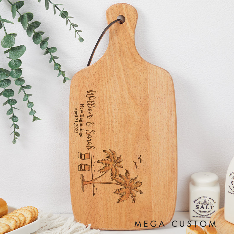 Personalized Beach Palm Tree Wooden Cutting Board with Custom Names Date and New Beginnings for Housewarming Gifts