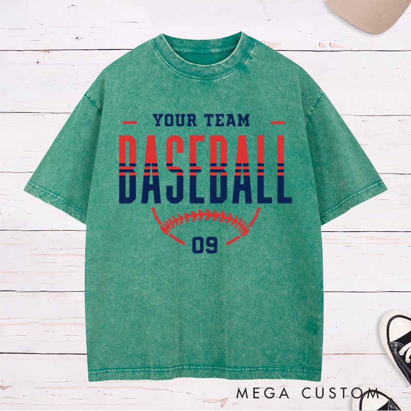 Personalized Game Day Washed T-Shirt with Team Name Number and Stylish Baseball Graphic