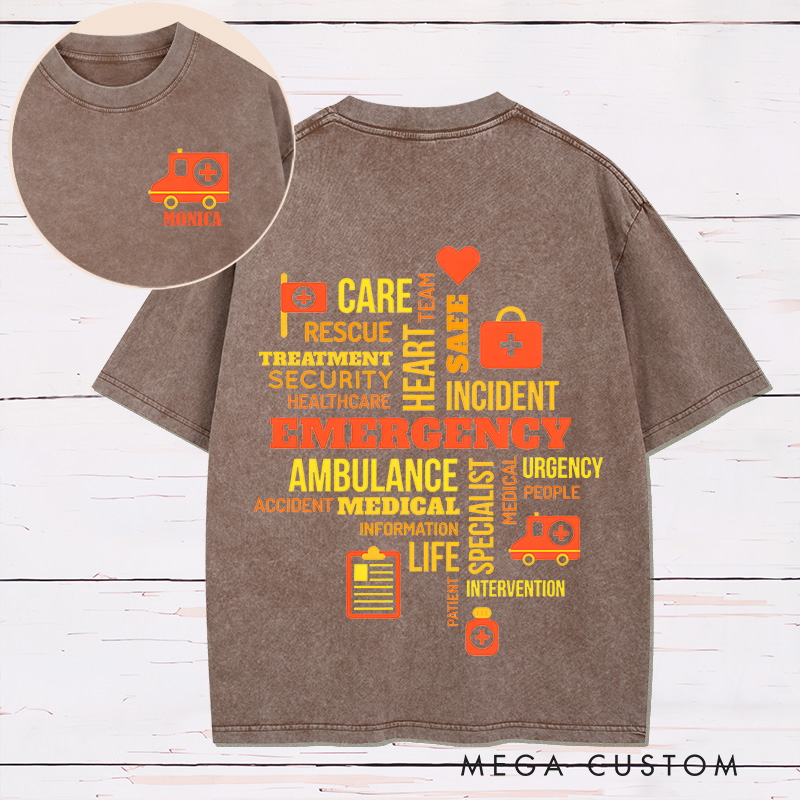 Personalized Two Sides Printed Washed T-Shirt Customized Emergency Care Word Cloud Design Washed T-Shirt 
