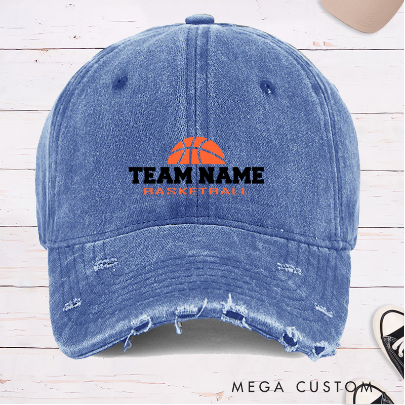 Personalized Distressed Denim Basketball Cap with Custom Team Name Design