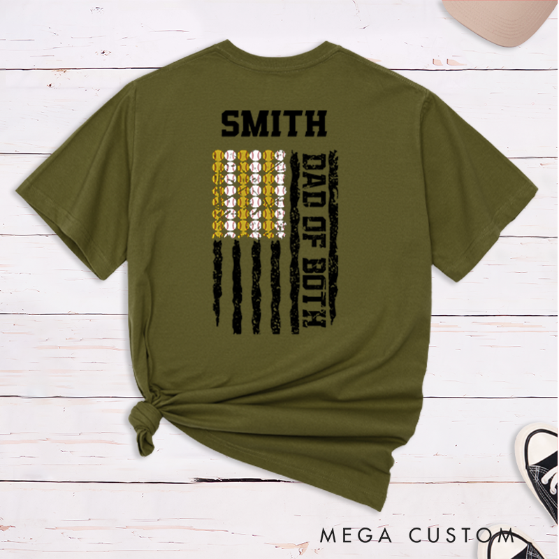 Personalized Dad of Both T-Shirt with Custom Name and Dual Sports Design Perfect Gift for Proud Softball and Baseball Dads