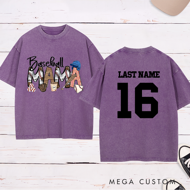 Personalized Leopard Print "Baseball Mama" Washed T-Shirt with Custom Name and Number