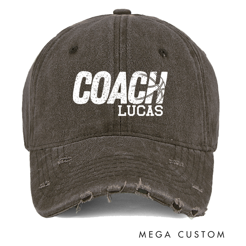 Personalized Distressed Denim Baseball Cap with Custom Coach Name and Basketball Design
