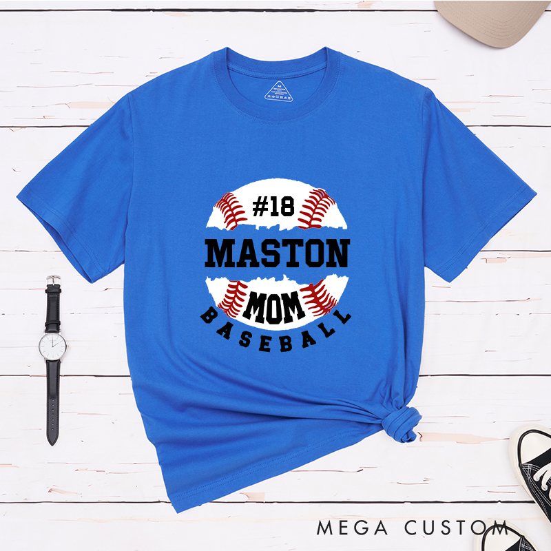 Personalized Baseball Mom T-Shirt with Custom Name and Player Number Design