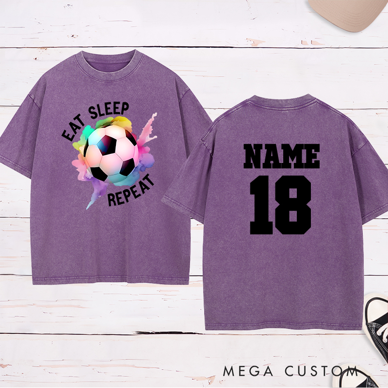 Personalized Soccer Washed T-Shirt with "Eat Sleep Repeat" Design and Custom Name and Number