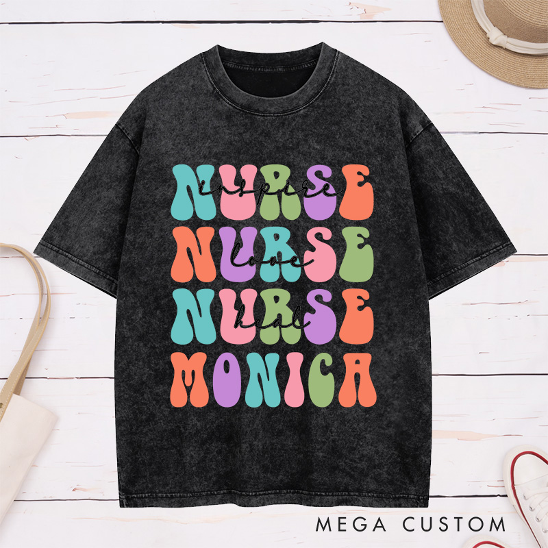 Personalized Nurse Washed T-Shirt Customized Inspire Love Heal Nurse Design Washed T-Shirt 