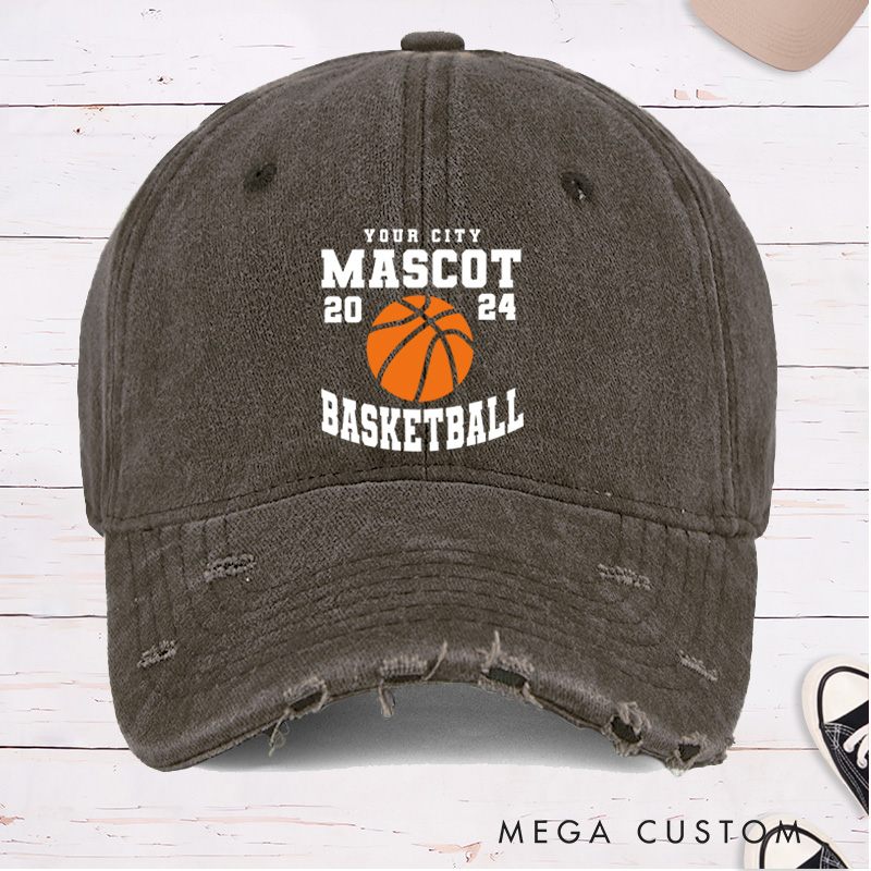 Personalized Distressed Denim Basketball Cap with Custom Team Name Year and Basketball Graphic Design