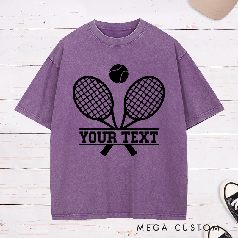 Personalized Tennis Washed T-Shirt with Crossed Rackets Design and Custom Text