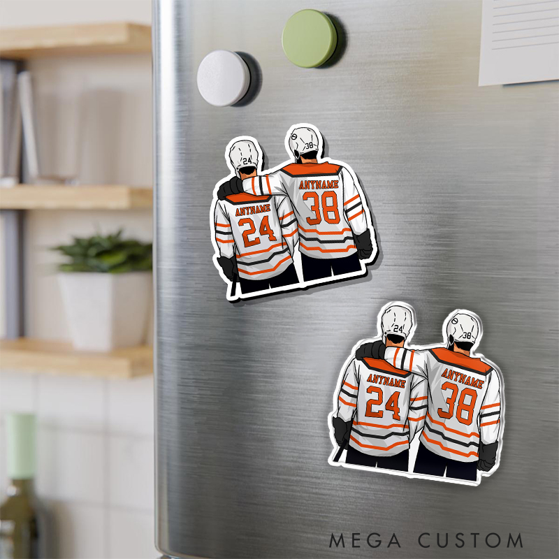 Personalized Hockey Duo Fridge Magnet with Custom Names, Jersey Numbers