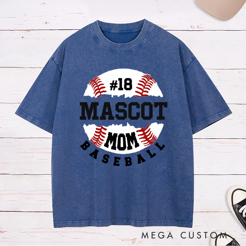 Personalized Baseball Mom Washed T-Shirt with Custom Name and Player Number Design
