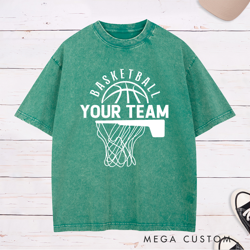 Personalized Washed T-Shirt Design Featuring a Basketball Hoop and Arched Basketball Text with a Customizable Team Name