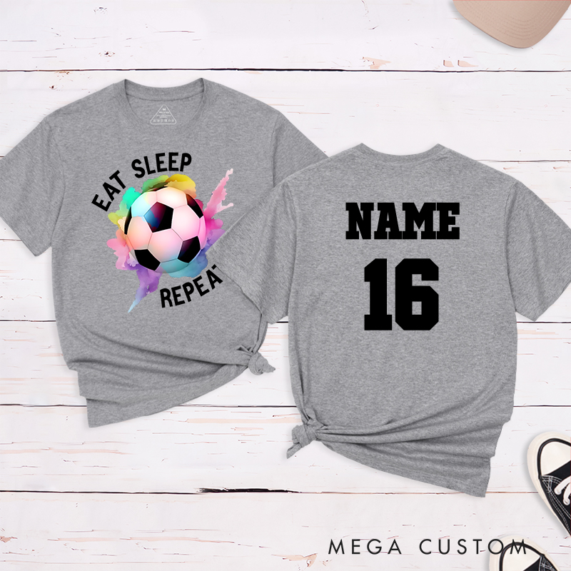 Personalized Soccer T-Shirt with "Eat Sleep Repeat" Design and Custom Name and Number