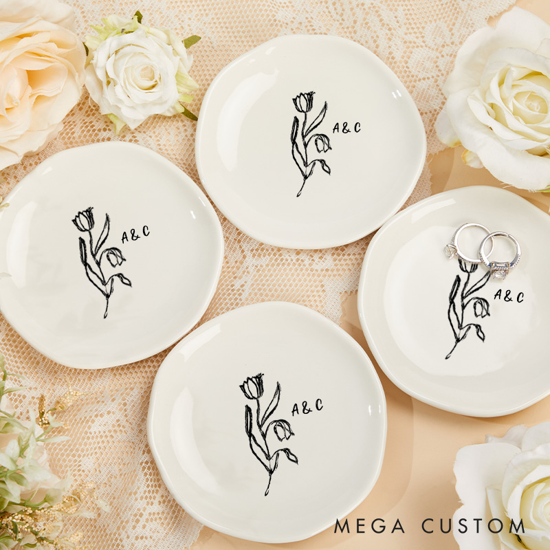 Personalized Artistic Floral Tulip Initials with Date Wedding Engagement Irregular Round Ring Dish