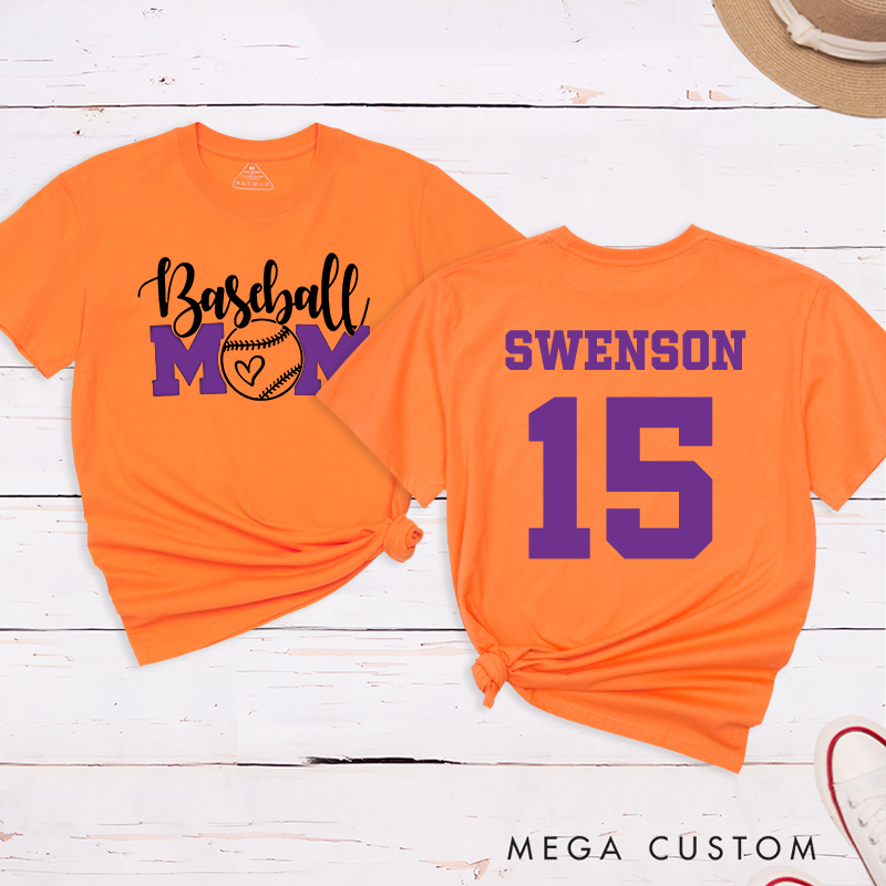 Personalized Baseball Mom T-Shirt with Heart-Inspired Design and Custom Name and Number