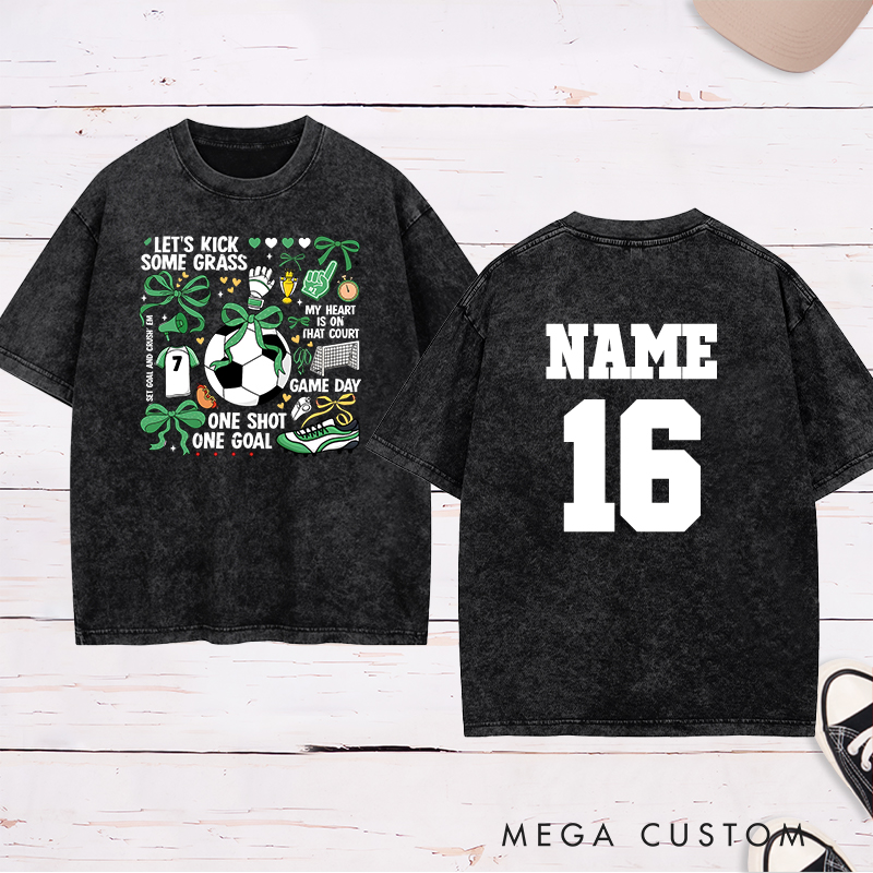 Personalized Soccer Washed T-Shirt with Fun "Let's Kick Some Grass" Design and Custom Name and Number