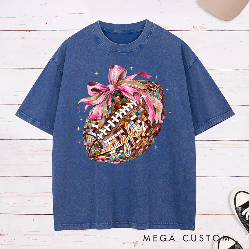 Personalized American Football and Rugby Pink Disco Washed T-Shirts with Custom Name,Cute Girly Football Gift for Women