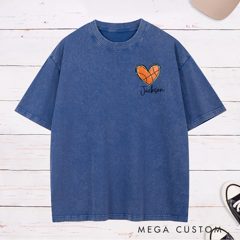 Personalized Washed T-Shirt Design Featuring Heart-Shaped Basketball Graphic with Custom Name for a Sporty and Stylish Look