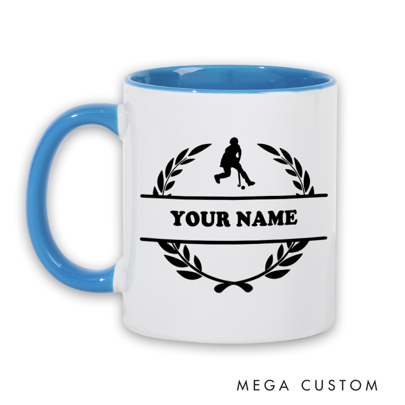 Personalized Hockey Mug with Custom Name Laurel Wreath and Player Silhouette Design Perfect Gift for Hockey Fans and Players