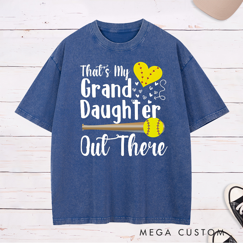 Personalized Softball Support Washed T-Shirt Design Featuring Customizable Text for Granddaughter or Other Titles Bold Typography Heart-Shaped Stitching Graphic Softball Bat and Ball Elements