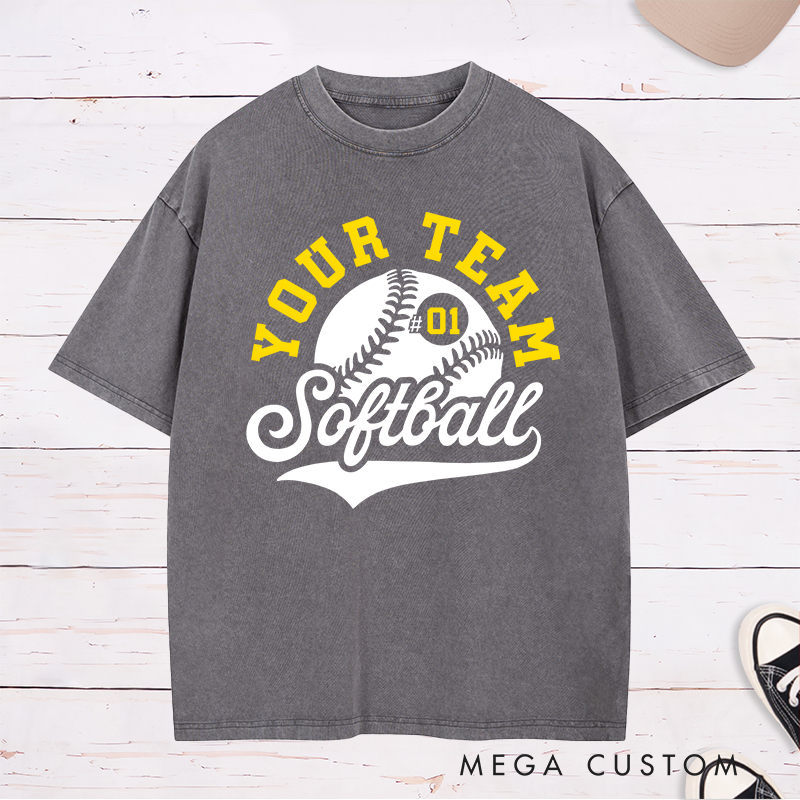 Personalized Softball Washed T-Shirt Team Logo Design Featuring a Customizable Team Name Dynamic Softball Graphic and Customizable Player Number