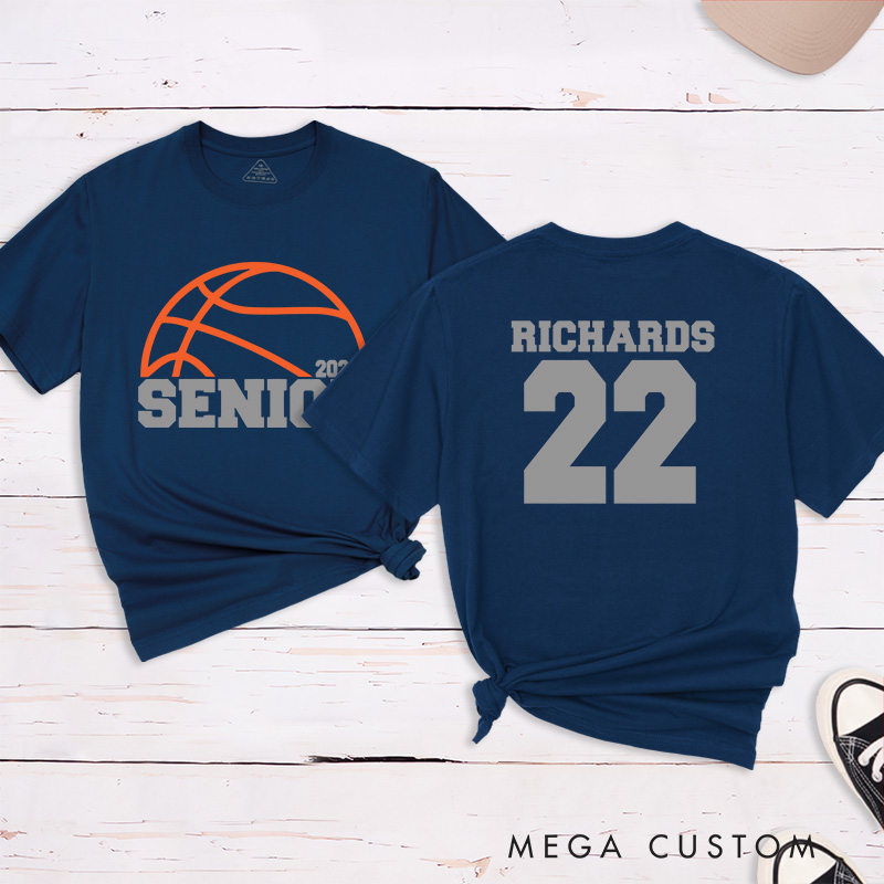 Personalized Senior Basketball T-Shirt with Custom Name, Jersey Number, Year, and School Spirit Campus Style Design