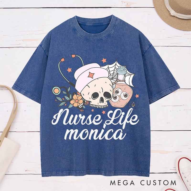 Personalized Nurse Washed T-Shirt Customized Nurse Life Design Washed T-Shirt 