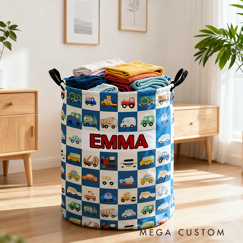 Personalized Cute Car Plaid Print Large Waterproof Laundry Storage Basket with Handle Custom Name Gift for Kids