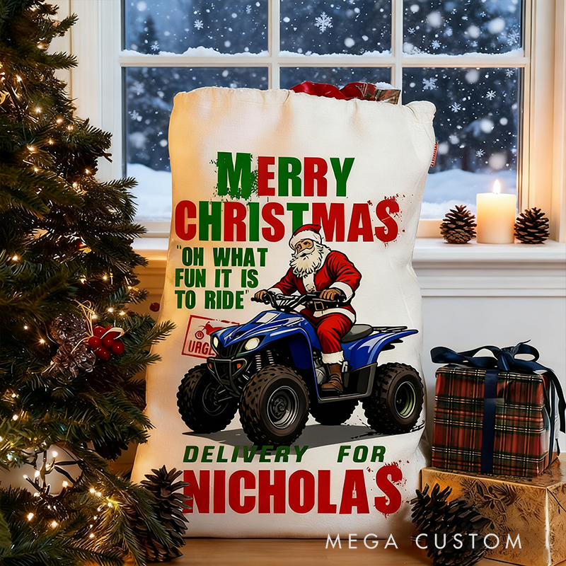Personalized Santa on Sport Quad Racer Christmas Sack Custom Name Holiday Gift Bag for Racers and Racing Lovers