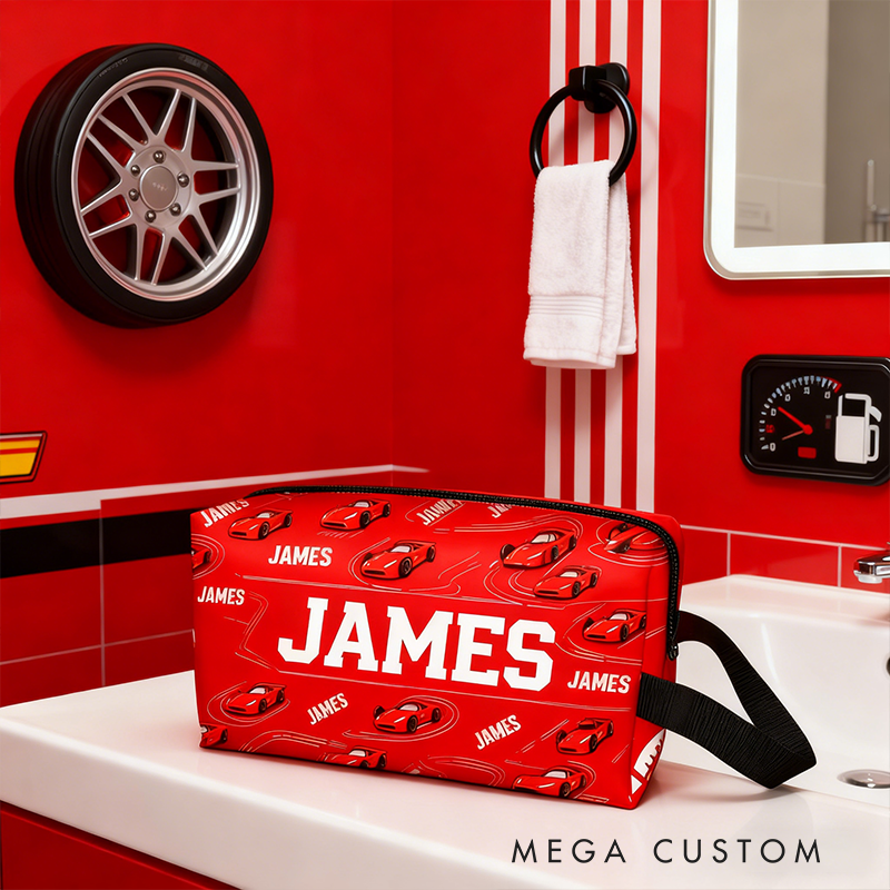Personalized Racing Theme Toiletry Bag Custom Name Waterproof Travel Pouch with Car Print Multi Color Gifts