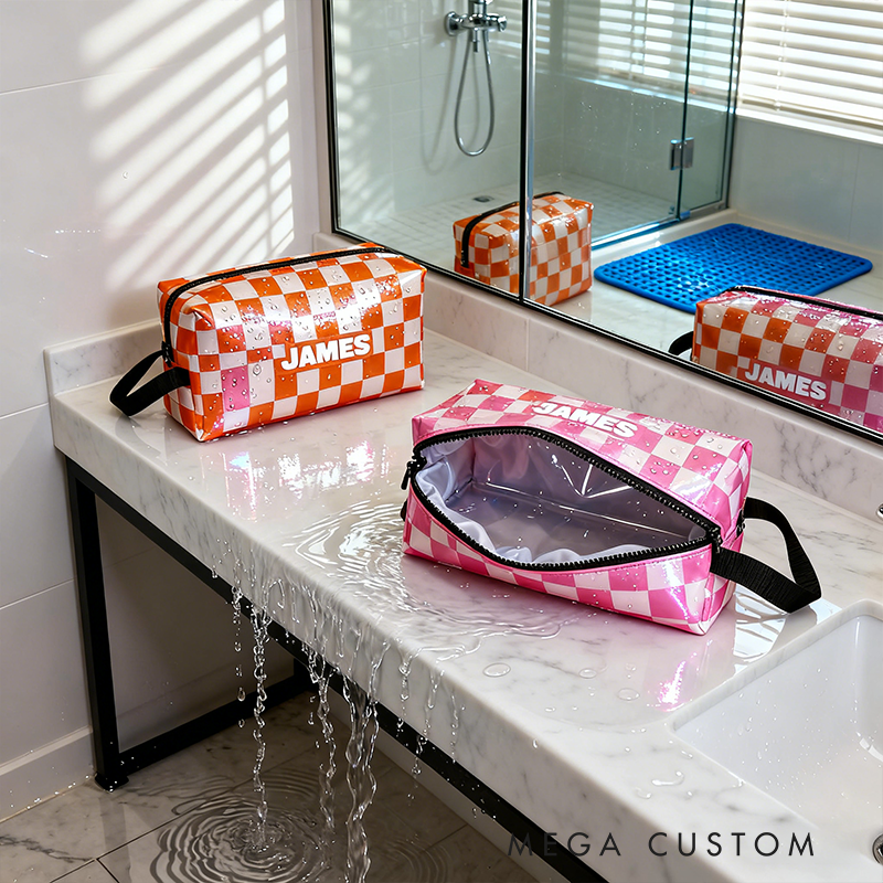 Personalized Checkered Racing Toiletry Bag Custom Name Waterproof Travel Pouch Classic Car Flag Design Gifts