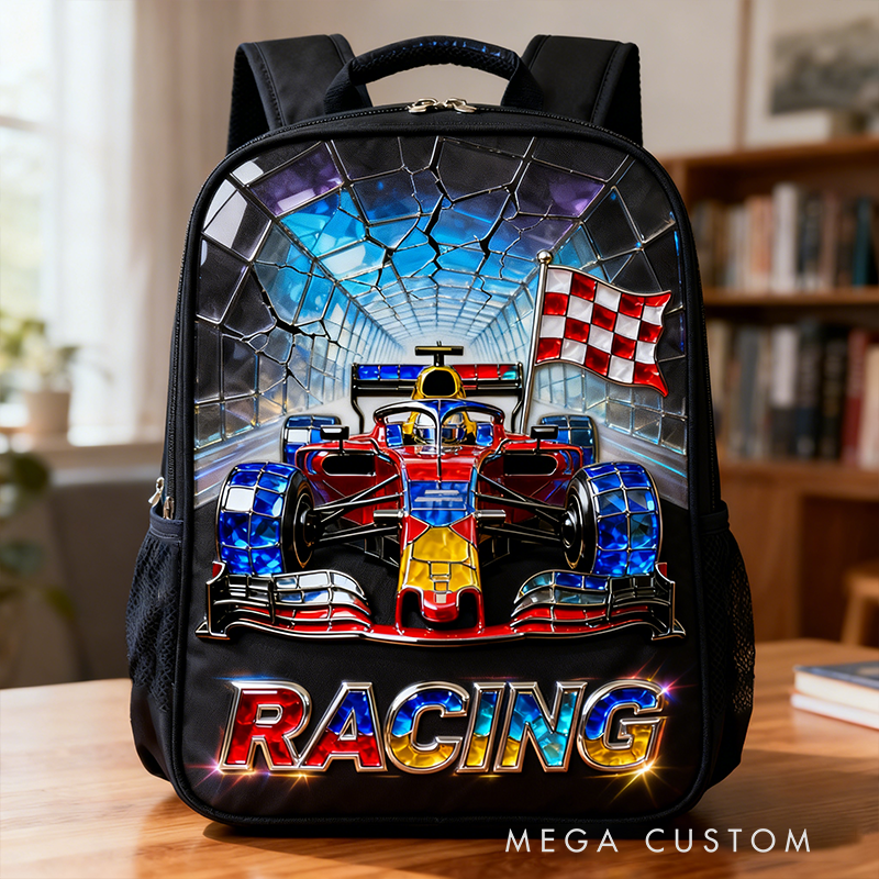 Personalized Stained Glass Racing Backpack Custom Name Oxford Bag for Racers and Racing Enthusiasts