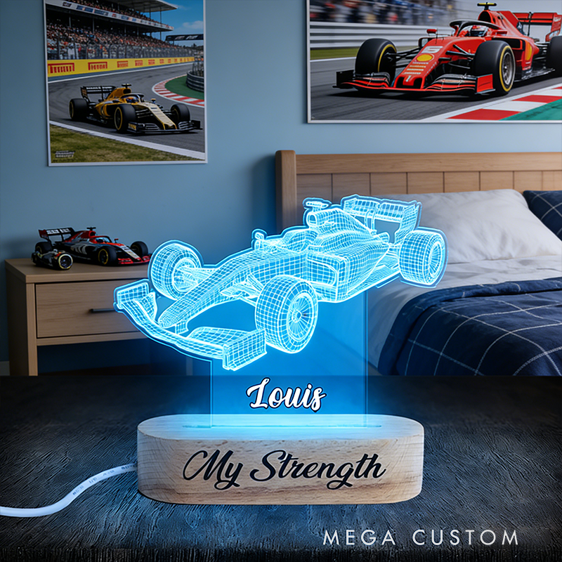Personalized Racing Gifts Custom Name Acrylic Car Night Light Beech Wood LED Lamp for Car Lovers Bedroom Decor