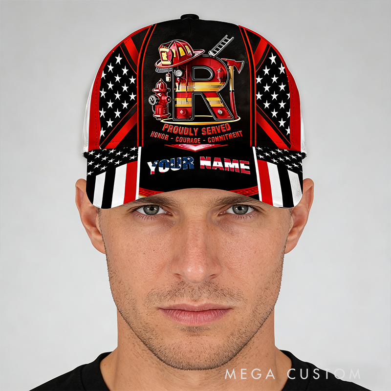 Personalized Firefighter Gifts Custom Name and Initial Alphabet Full Print Cap American Flag Firefighter Hat for Firemen