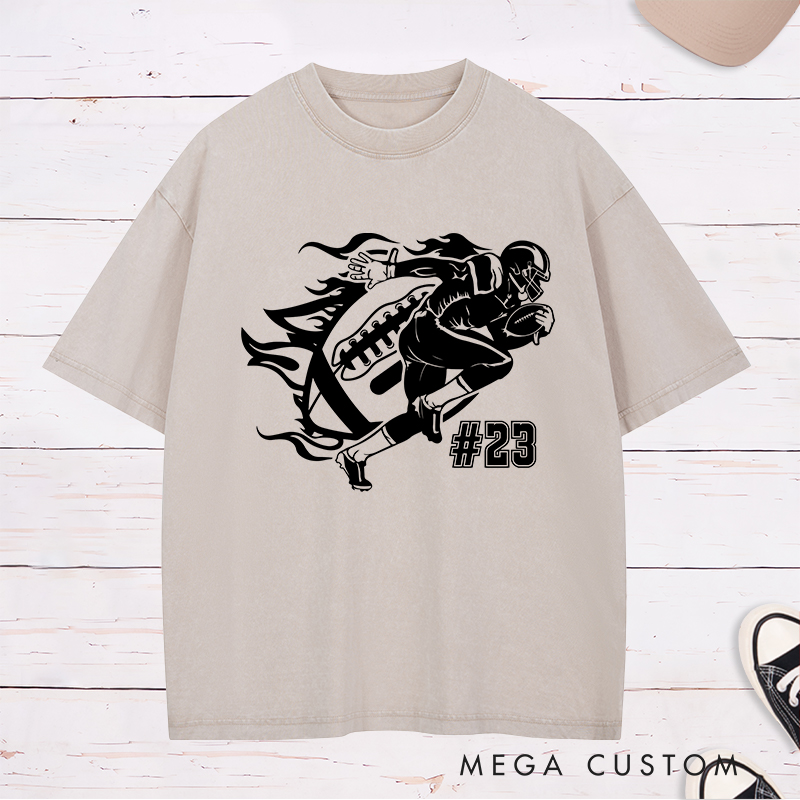 Personalized American Football Action Flames Washed T-Shirts Featuring Custom Number