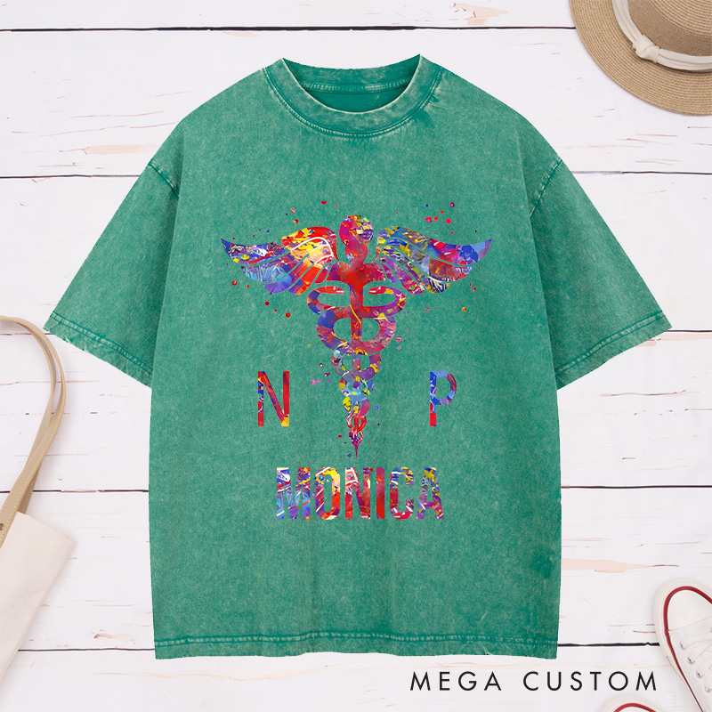 Personalized Nurse Washed T-Shirt Customized NP Colorful Caduceus Graphic Design Washed T-Shirt 