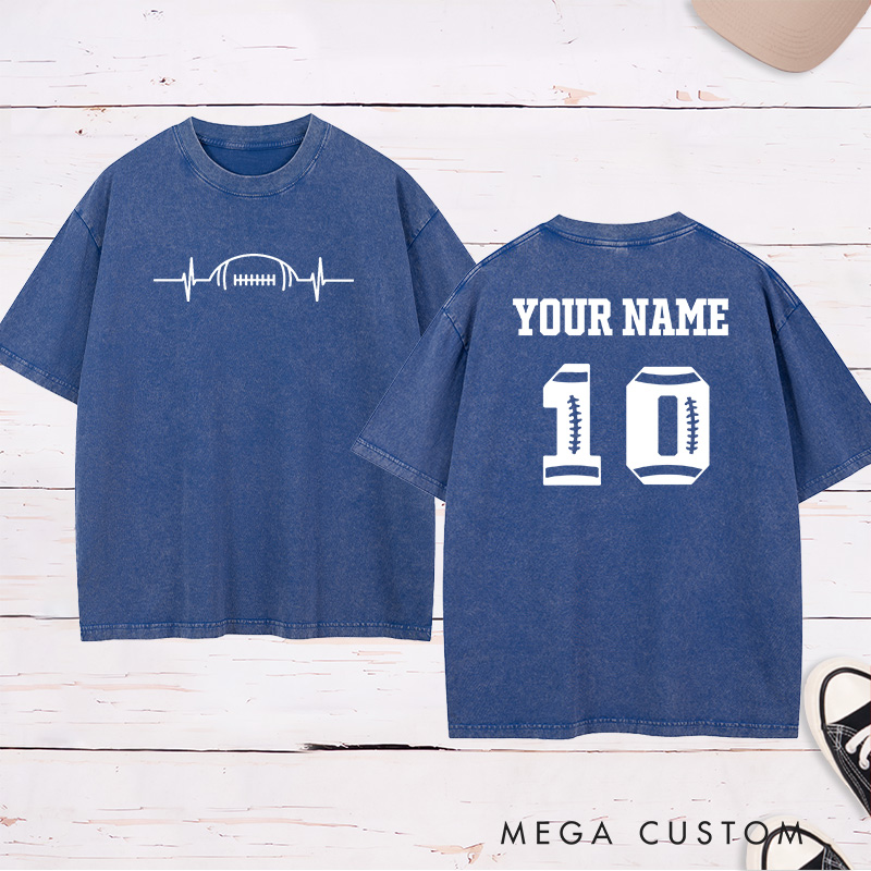 Personalized American Football and Rugby Heart Beat Washed T-Shirts Featuring Custom Name and Number