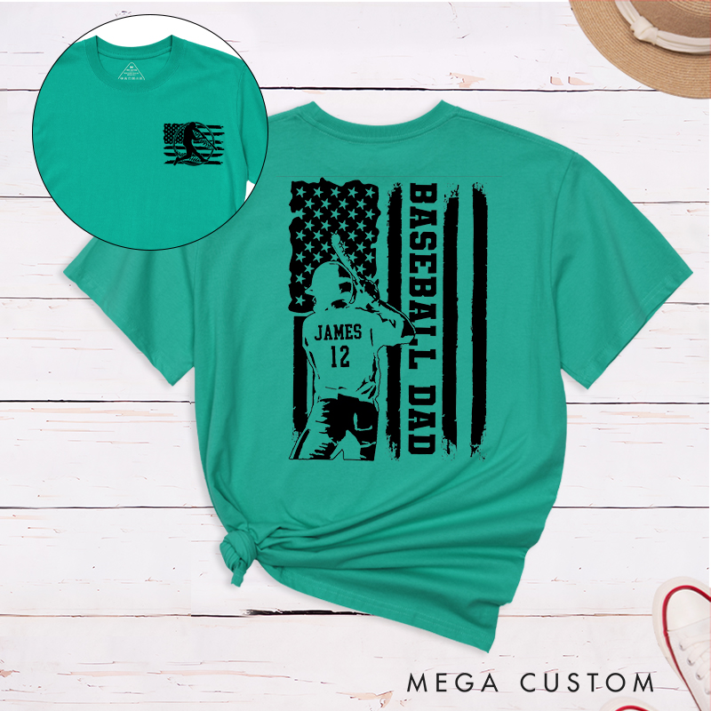 Personalized Baseball Dad T-Shirt with Patriotic Flag and Custom Name and Number