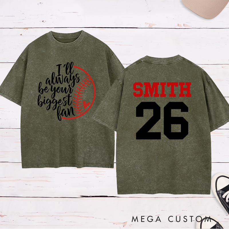 Personalized Baseball Fan Washed T-Shirt with Heartfelt Quote and Custom Name and Number