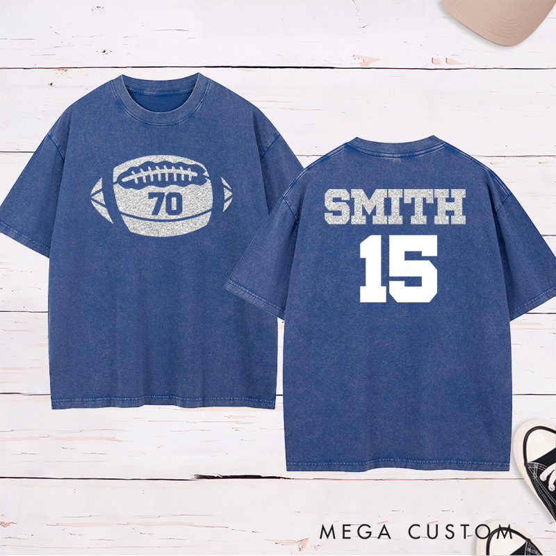 Personalized Glitter American Football and Rugby Washed T-Shirt with Custom Name and Number on the Back